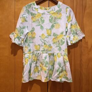 LaRoque-Betty B Whimsical Lemon Print Linen Blouse-Peplum Hem-Sz‎ S-Preppy
